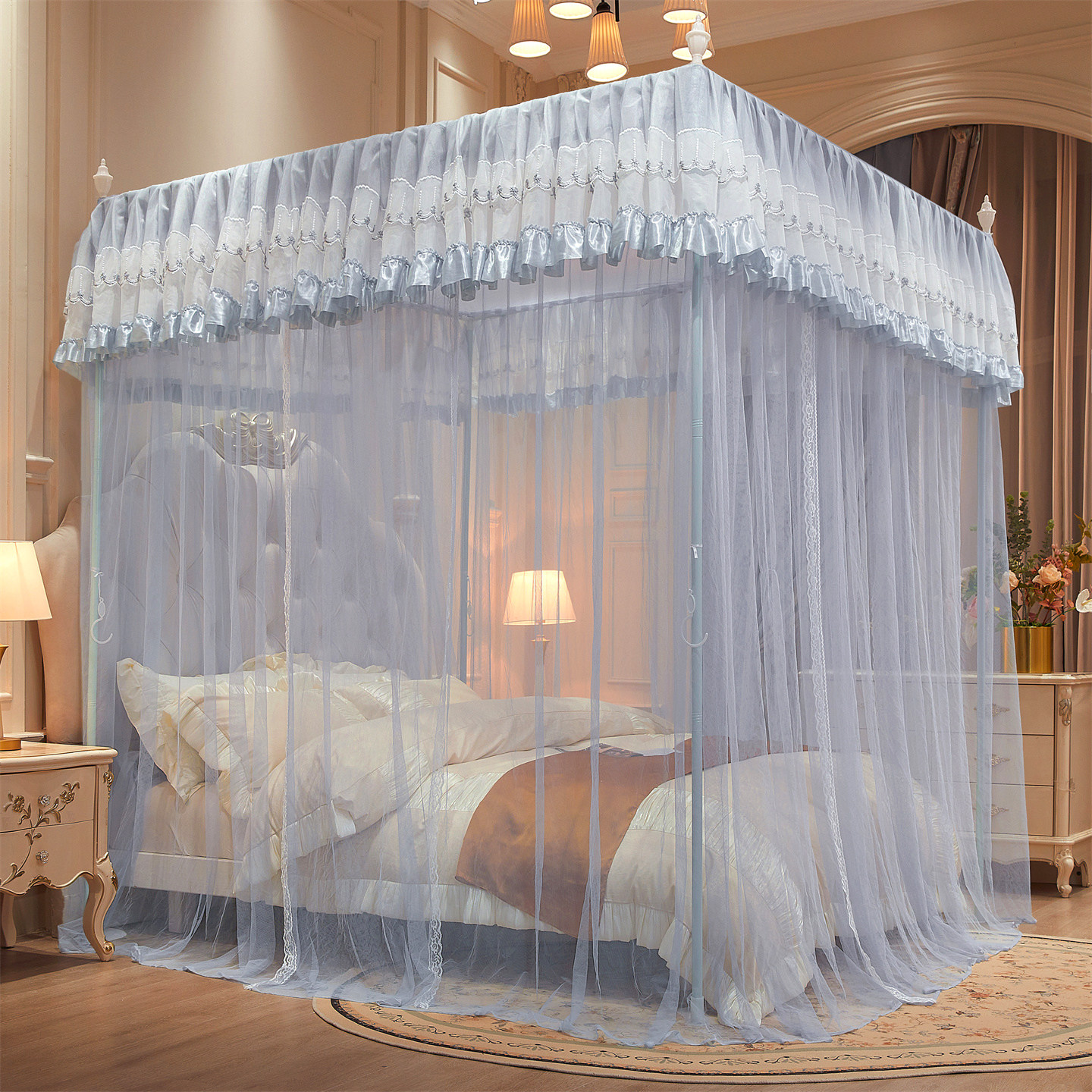 蚊帐新款家用卧室落地宫廷三开门蚊帐坚固加密加粗加厚支架公主房