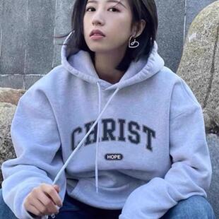 周雨彤明星同款欧美街头风潮牌加绒秋冬ins慵懒风美式灰色卫衣女