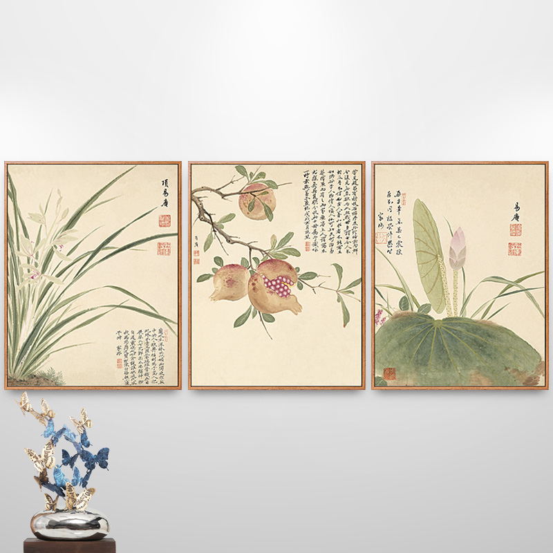 项圣谟植物花卉三联画新中式客厅装饰画餐厅背景墙挂画酒店壁画图片