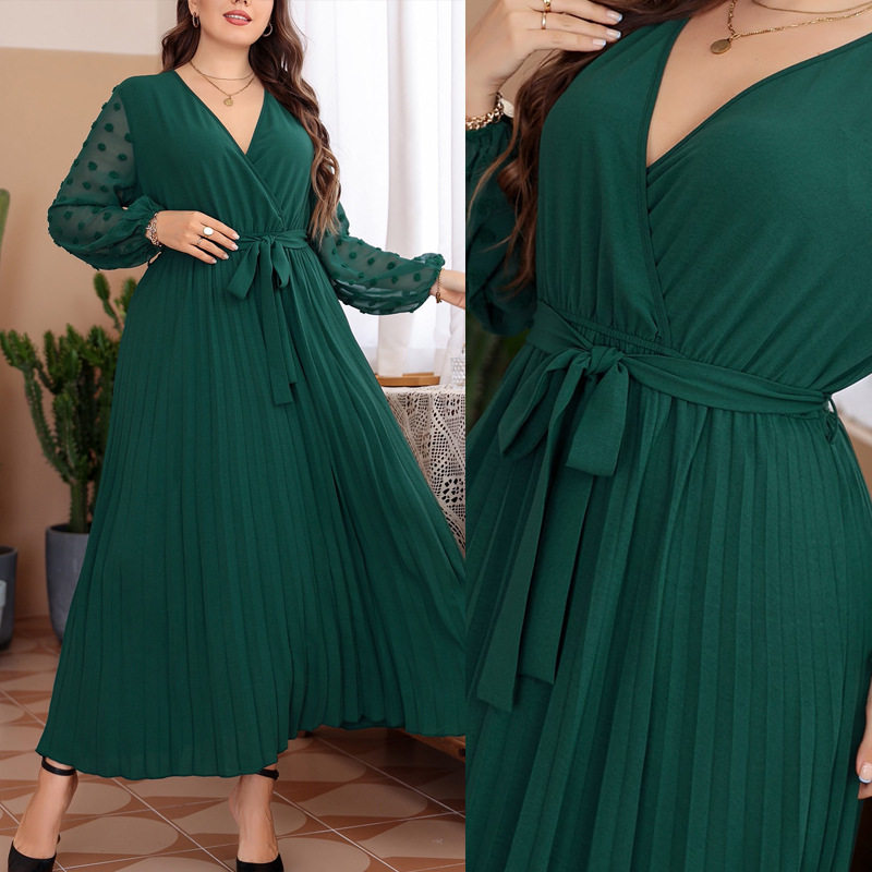 Plus size summer Women Fashion dress V领长袖时长款连衣裙