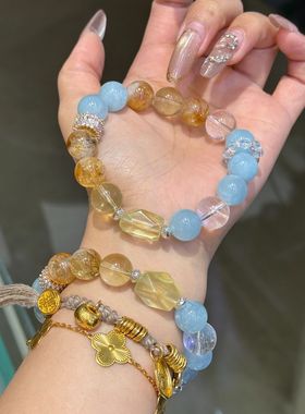 原创天然茶晶海蓝宝白水晶手链多宝手串简约设计款时尚手串饰品