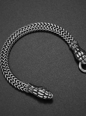 钛钢做旧灵蛇十二生肖蛇手链不锈钢嘻哈双蛇头男士手镯复古感