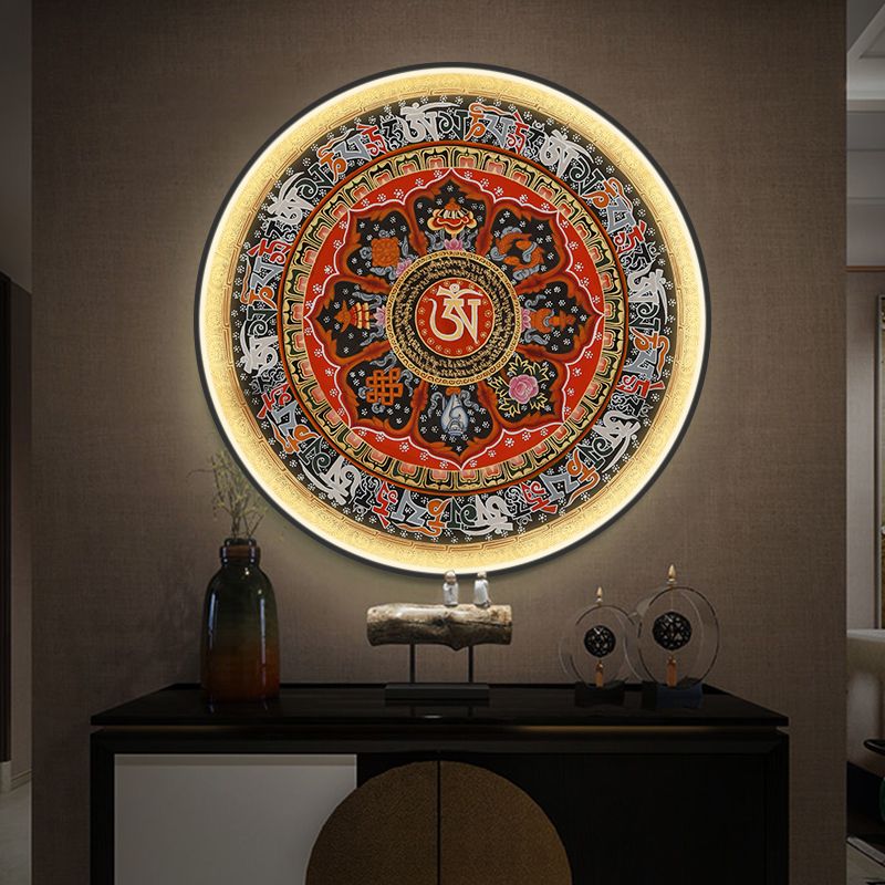 六字大明咒真言唐卡挂画曼陀罗圆形边框带灯发光壁画箴言佛堂装饰