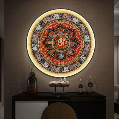 六字大明咒真言唐卡挂画曼陀罗圆形边框带灯发光壁画箴言佛堂装饰