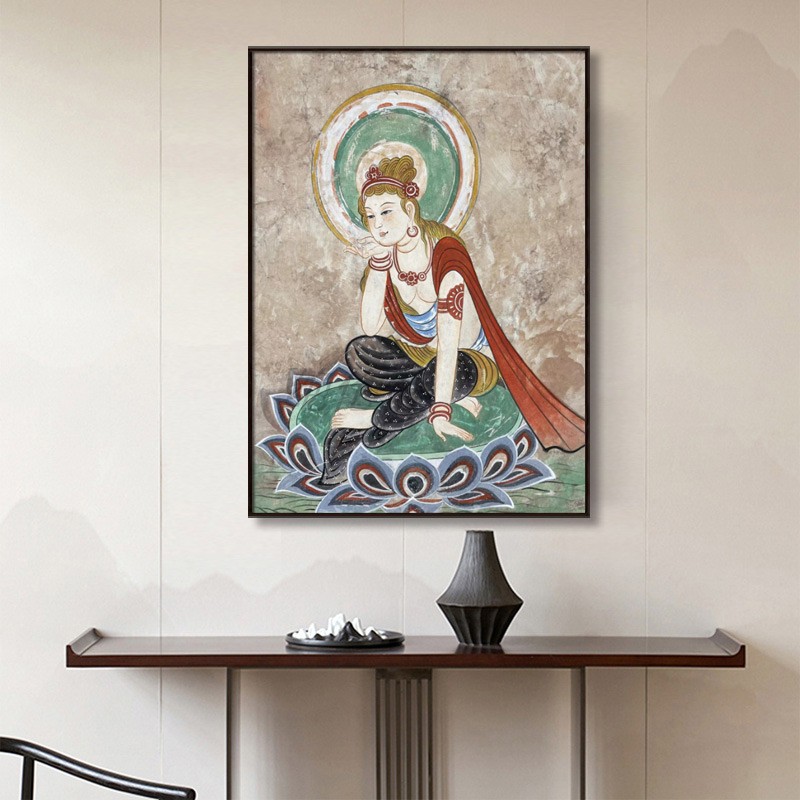 敦煌壁画莫高窟佛像挂画中式复古风装饰画观音菩萨茶室禅意背景墙