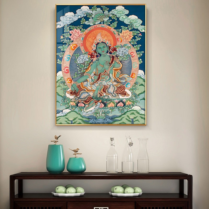 绿度母佛像壁画救苦难菩萨唐卡挂画西藏客厅玄关女性保护神装饰画图片
