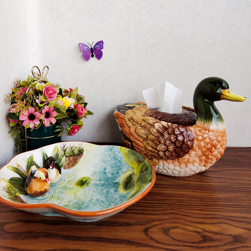 出口优品纯手绘釉下彩陶瓷鸭子纸巾盒茶几抽纸盒餐桌美式纸抽盒,家居饰品,装饰纸巾盒,淘宝优惠券,粉丝福利购,淘宝优惠卷
