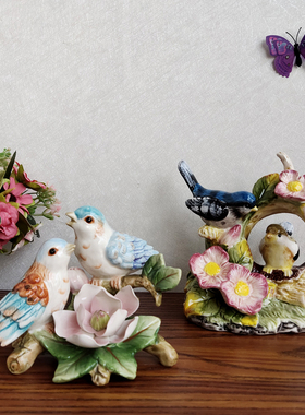 方亚品牌纯手工制作釉下彩可爱桌面爱情鸟摆件家居田园装饰品礼物