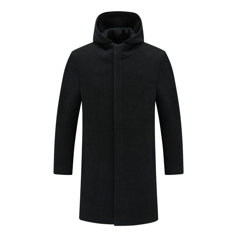 Y1472路易断码清仓秋冬男士简约休闲黑色连帽50.7％绵羊毛呢大衣