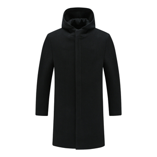 Y1472路易断码清仓秋冬男士简约休闲黑色连帽50.7%绵羊毛呢大衣