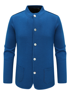 KN10康L尼L断码清仓春秋款男士外穿时尚休闲羊毛蓝色立领开衫毛衣