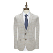 H1395断码 商务休闲浅褐色小格子意大利面料羊毛西服 清仓春秋男士