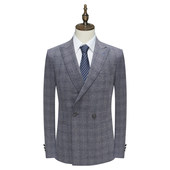 商务绅士灰色格纹绵羊毛双排扣单西装 男士 清仓春秋款 B1456鸟断码