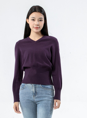 YD129断码清仓秋冬薄款女士时尚简约紫色V领套头打底衫休闲羊毛衫