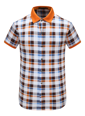 SF124路换季断码清仓夏季男士橙白拼色格子休闲全棉翻领短袖T恤衫
