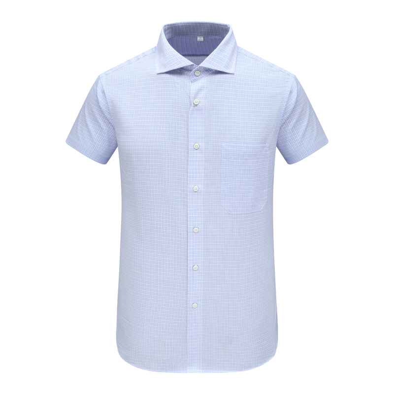 百搭蓝色小格子全棉免烫短袖衬衫