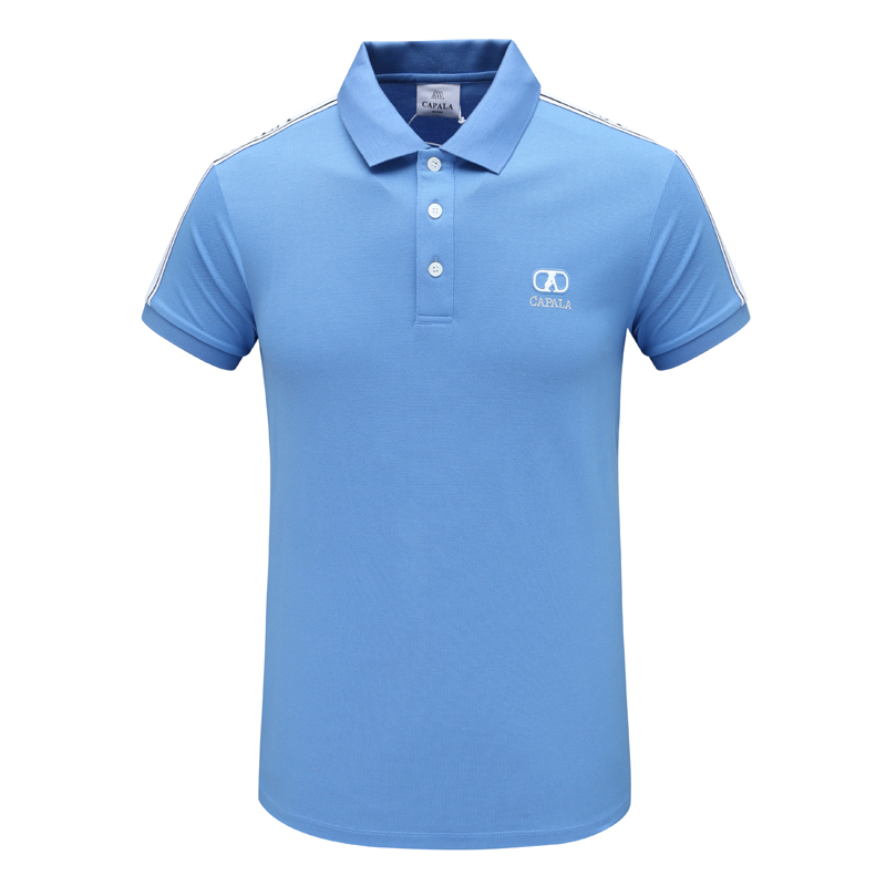 休闲蓝色75.7%棉翻领短袖T恤