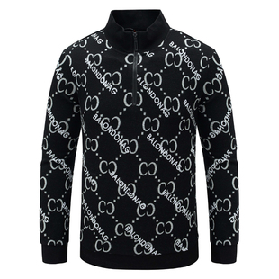 H912换季断码清仓秋季款男士时尚黑白印花半高领休闲长袖套头卫衣