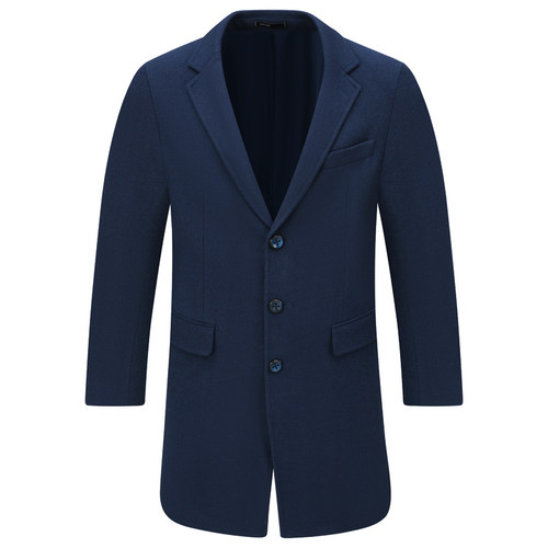 深蓝色中长款毛呢大衣79％羊毛