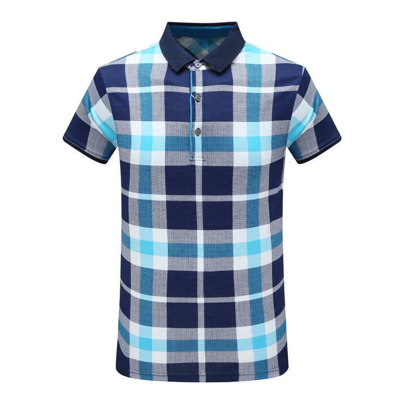 MY248美尔断码清仓夏季中年男式拼色翻领蓝白格全棉透气短袖T恤衫