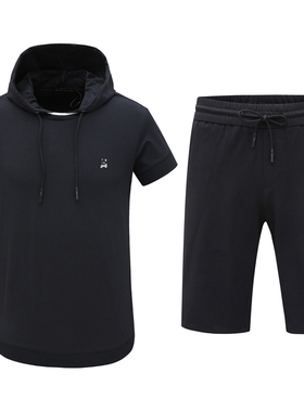 CA952卡断码清仓夏季青年男士简约潮流百搭黑色连帽短袖短裤套装