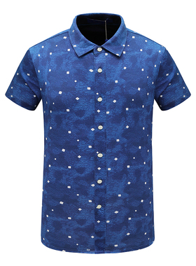 KL45凯莱换季断码清仓夏季男士蓝色印花棉加桑蚕丝翻领短袖T恤衫