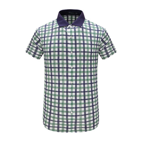 拼色翻领绿白格短袖T恤简约休闲