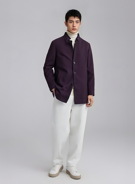 CA343卡换季断码清仓秋冬中年男休闲立领暗红色57.1％羊毛呢大衣