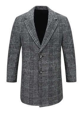 Y1359路易断码清仓秋冬男士保暖灰色复古格纹45.9％绵羊毛呢大衣