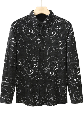 CA215卡换季断码清仓春秋男士69.9％棉黑色印花弹力长袖衬衫