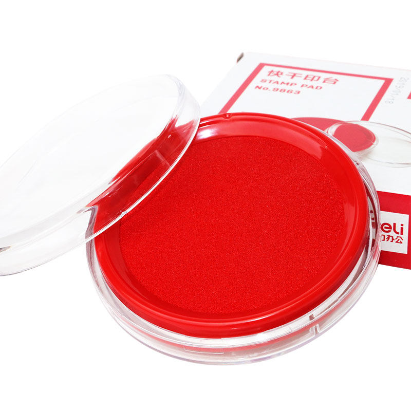 得力文具透明外壳圆形快干海绵台速干红色印台不渗墨桌面财务印泥