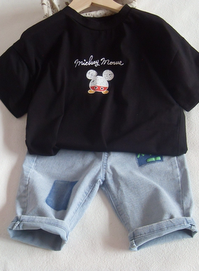 圣鑫源儿童黑色米奇童装男童纯棉短袖T恤夏装中大童半圆领袖打底