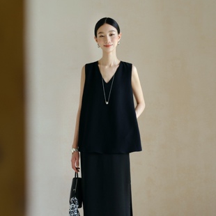 重磅醋酸假两件V领优雅高智通勤极简无袖 背心连衣裙 新款 2026夏季