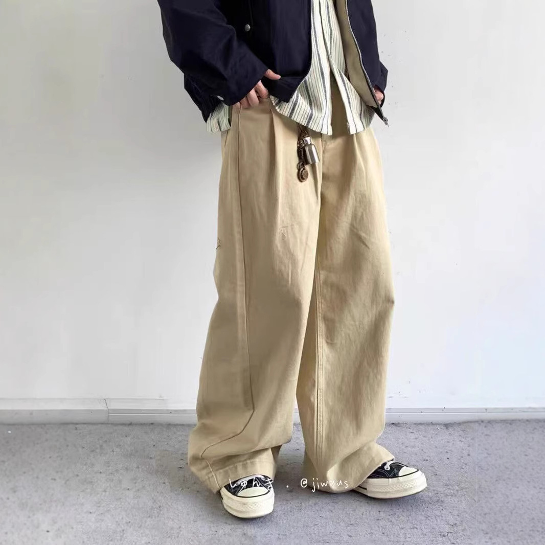 日系卡其色工装裤男水洗阔腿长裤潮牌美式复古褶皱直筒宽松