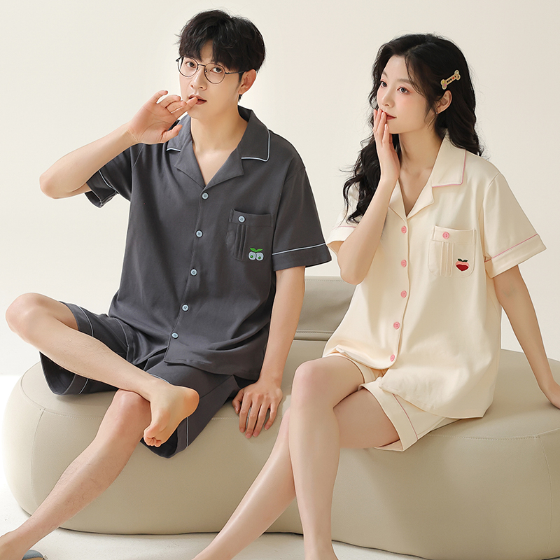 全棉情侣睡衣女夏纯棉薄款短袖开衫可爱甜美高档家居服套装莱卡棉