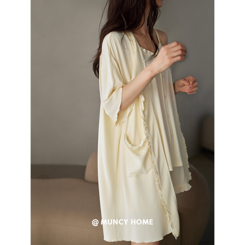 曼系“杏色软软裙”夏季木耳边开衫短裙纯色柔软莫代尔睡裙女薄款,女士内衣/男士内衣/家居服,睡裙,淘宝优惠券,粉丝福利购,淘宝优惠卷