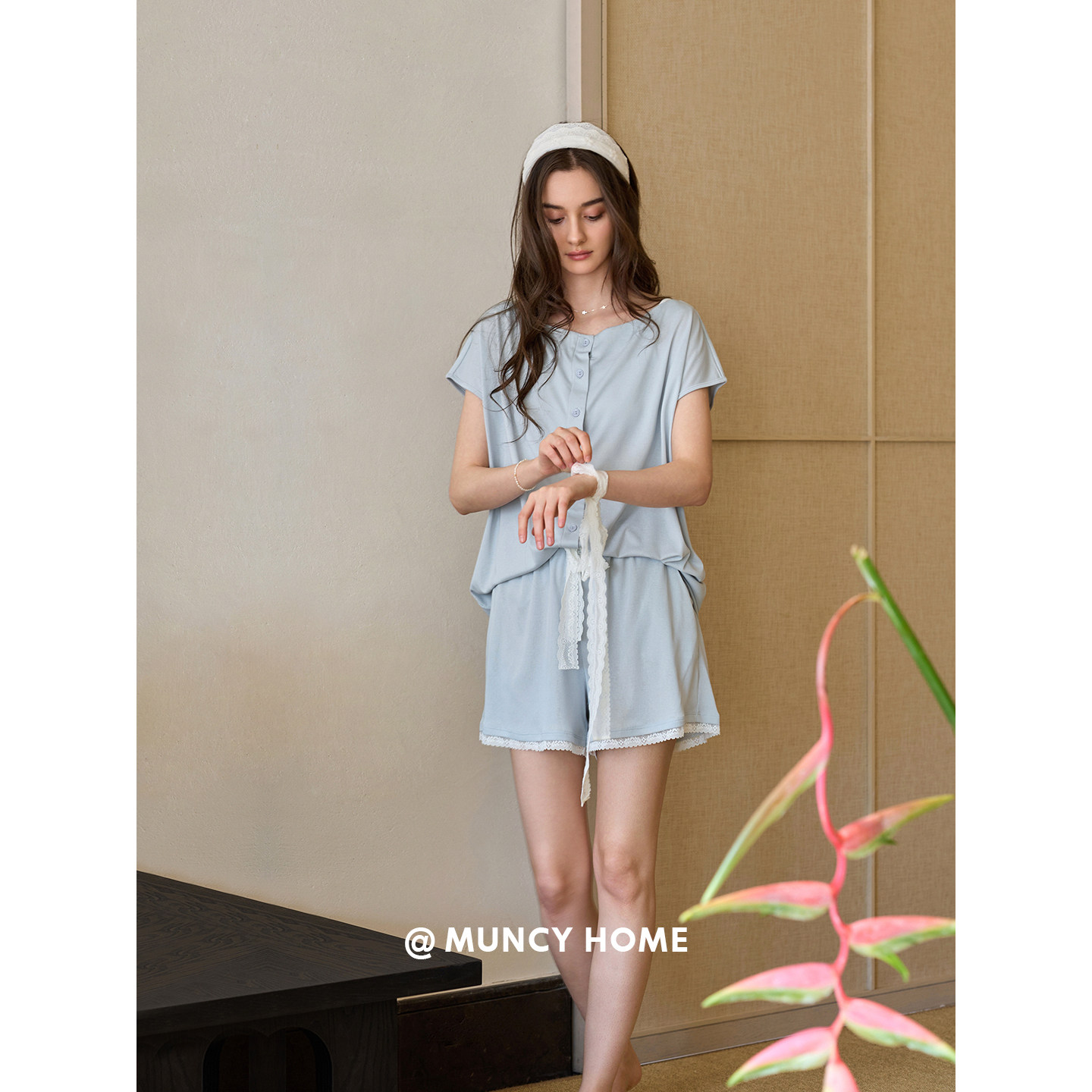 曼系&ldquo;云柔水蓝&rdquo;莫代尔棉睡衣女夏薄款圆领开衫气质简约两件套装