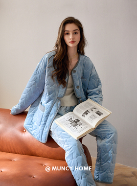 曼系“夹芯锁温”三层加厚保暖秋冬季女士睡衣蓝色简约家居服套装