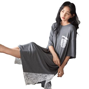 曼系【氧棉家居】夏季薄款睡裙女短袖宽松休闲灰色蕾丝莫代尔睡衣