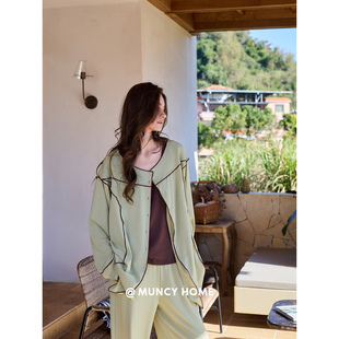 曼系“开心果拿铁”春秋季睡衣女长袖开衫圆领柔软家居服两件套装