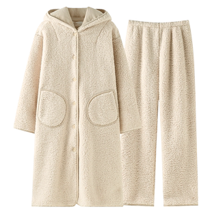 曼系羊羔绒女士睡衣秋冬款保暖毛绒简约居家连帽珊瑚绒睡袍加绒裤