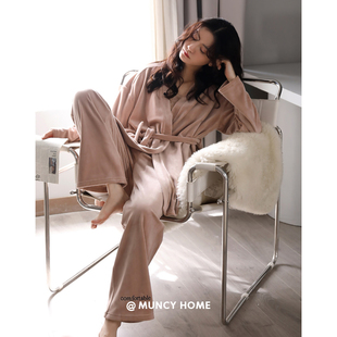 曼系海岛绒睡衣女秋冬珊瑚绒简约粉色居家宽松睡袍加长裤两件套装