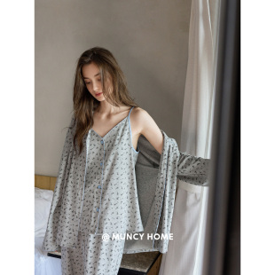 曼系 韩系吊带三件套慵懒碎花柔软棉睡衣女春秋家居服 晨露摇花