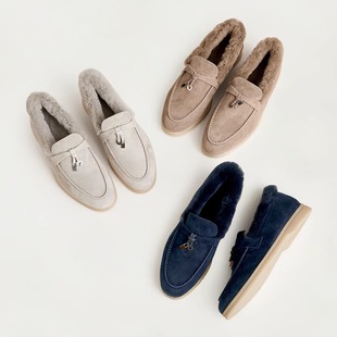 割草机老k 海狸毛~加绒加厚保暖毛毛鞋乐福鞋女复古2025冬季新款