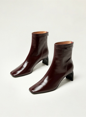 割草机老k 简约油腊皮 酒红短靴女单靴高跟扁跟真皮小方头瘦瘦靴