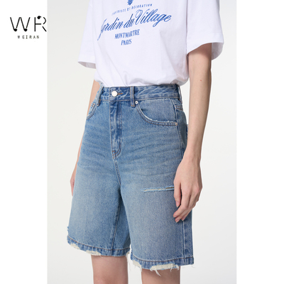 WR高腰破洞五分裤女宽松显瘦阔腿毛边牛仔骑行裤休闲直筒中裤1097