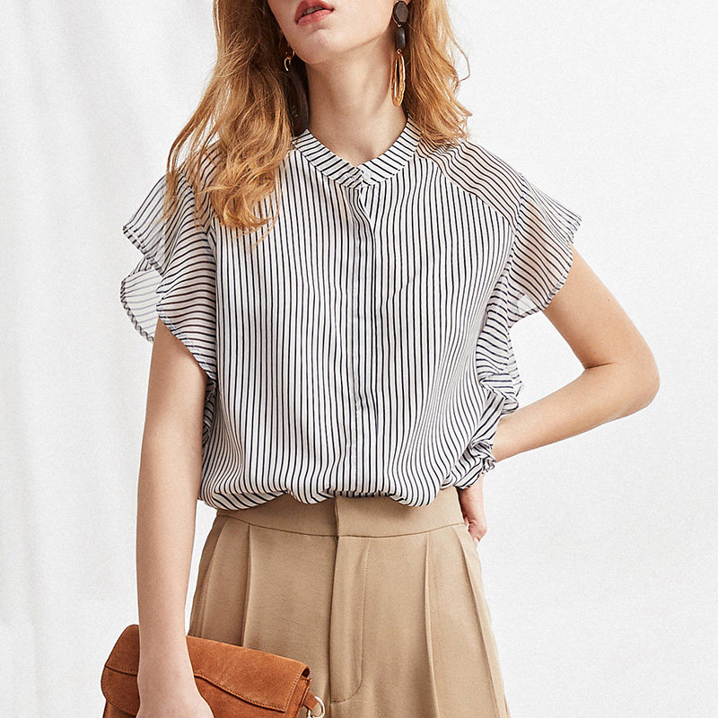 德玛纳条纹白色短袖衬衫通勤雪纺衫衬衣夏小飞袖上衣设计感小众潮