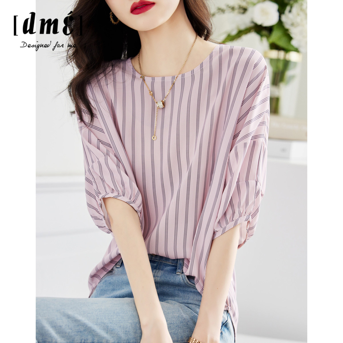 德玛纳夏款短袖圆领套头雪纺上衣女休闲通勤法式落肩小衫条纹衬衫