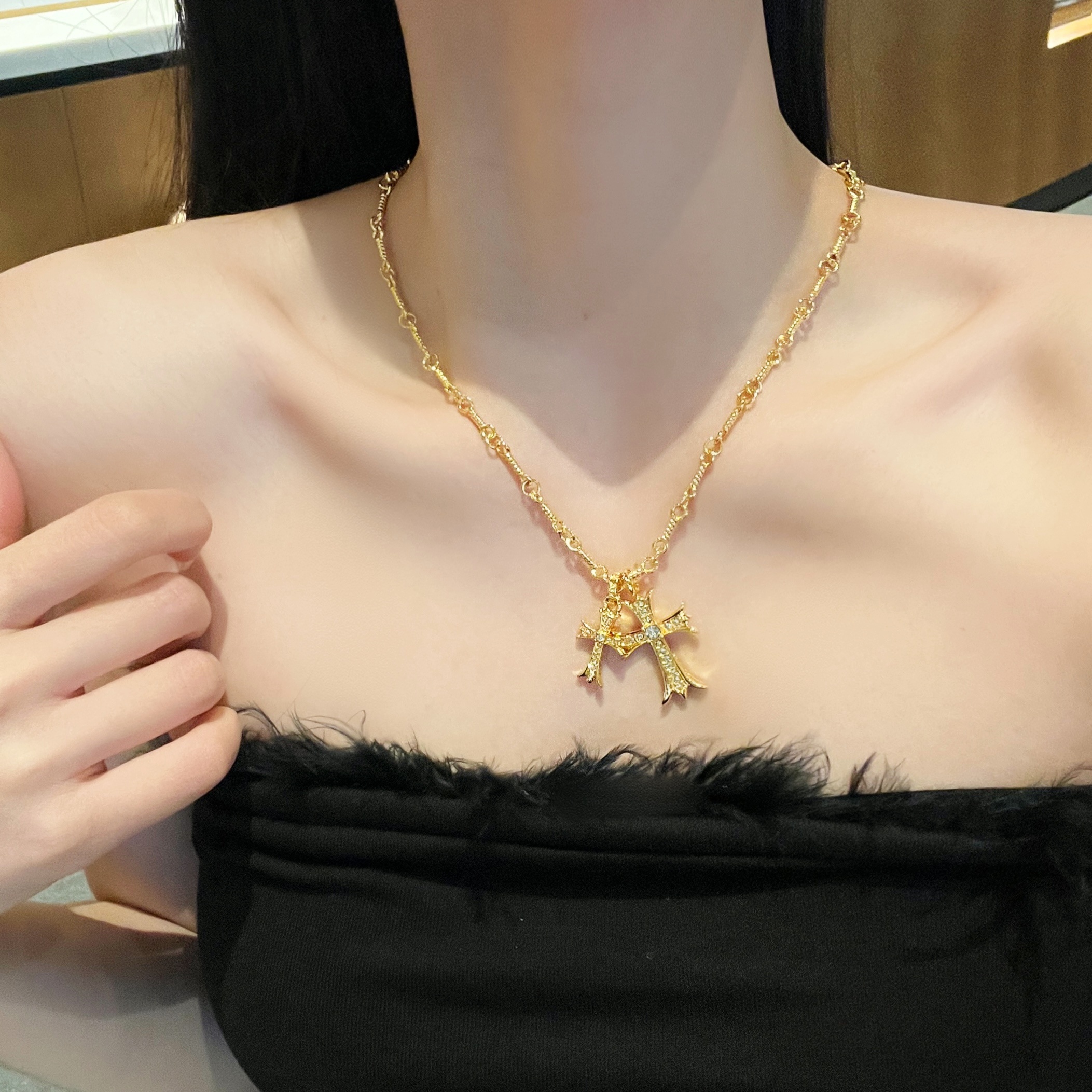 网红同款双十字架项链女轻奢小众