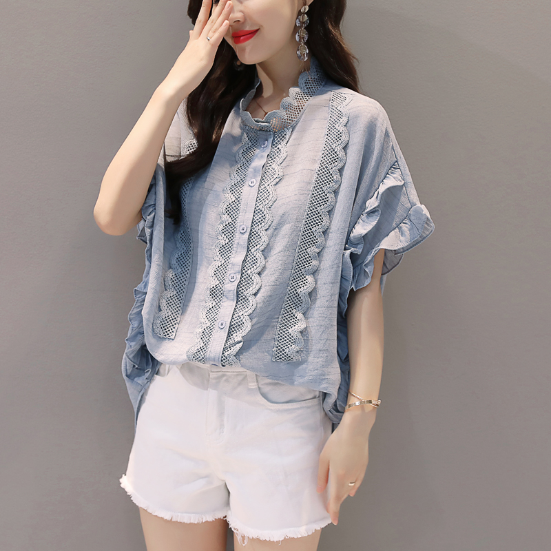 蕾丝花边短袖雪纺衫女夏新款韩版宽松木耳边甜美衬衫大码百搭上衣